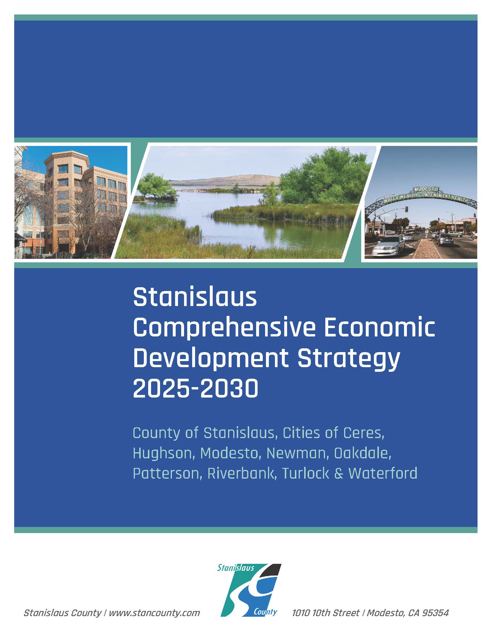 Stanislaus County Comprehensive Economic Development Strategy 2025-2030 report cover featuring photos of local landmarks and cityscapes